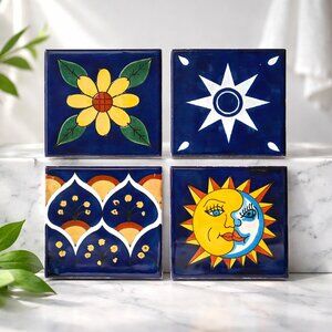 Mexican Tile Coasters in Blue, Yellow and White Floral and Mr. Sun Design - NEW…